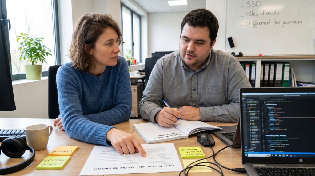 Deux personnes en train de discuter des stratégies de travail dans un bureau moderne, avec des documents et un ordinateur visible.