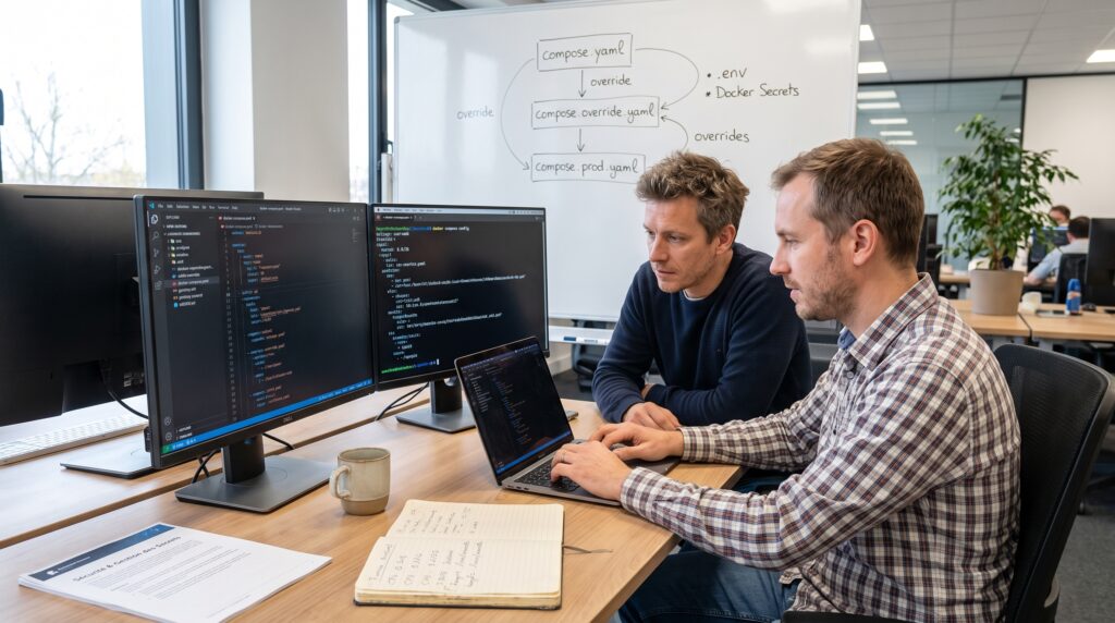Deux développeurs collaborant devant des ordinateurs, en train de coder avec Docker dans un bureau moderne.
