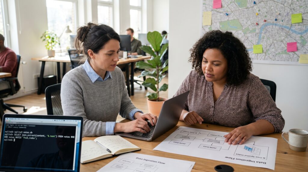Deux femmes collaborant sur un projet informatique avec un ordinateur portable et des documents sur une table.