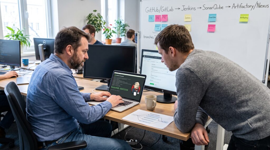 Deux hommes collaborent sur un ordinateur portable dans un bureau, analysant un projet.