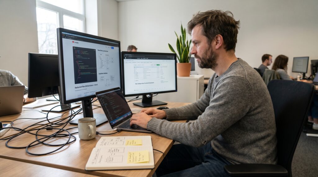 Développeur travaillant sur une application web avec plusieurs écrans sur son bureau.
