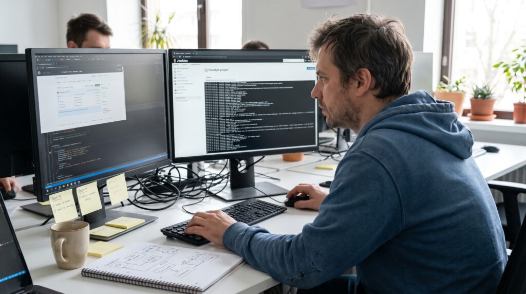 Un développeur travaillant sur plusieurs écrans avec du code informatique affiché, dans un environnement de bureau moderne.