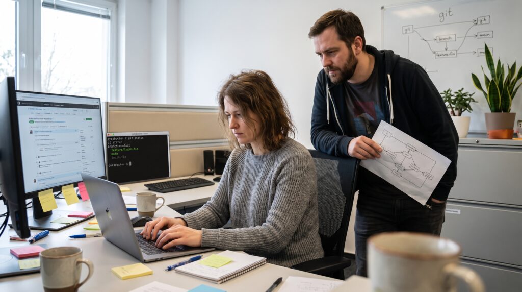 Une développeuse travaillant sur un ordinateur avec un collègue qui regarde et prend des notes sur un document, entourés de matériel de bureau.