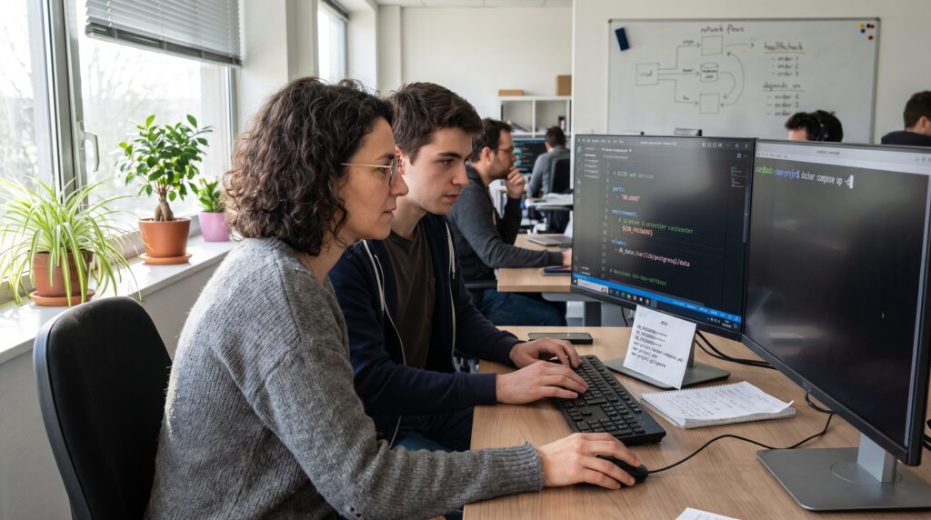 Des développeurs travaillant ensemble sur des ordinateurs dans un bureau lumineux.