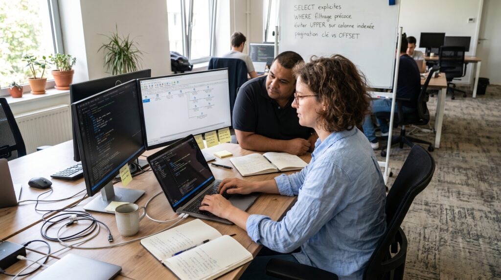Une développeuse en train de coder en SQL sur un ordinateur avec un collègue à ses côtés dans un bureau moderne.