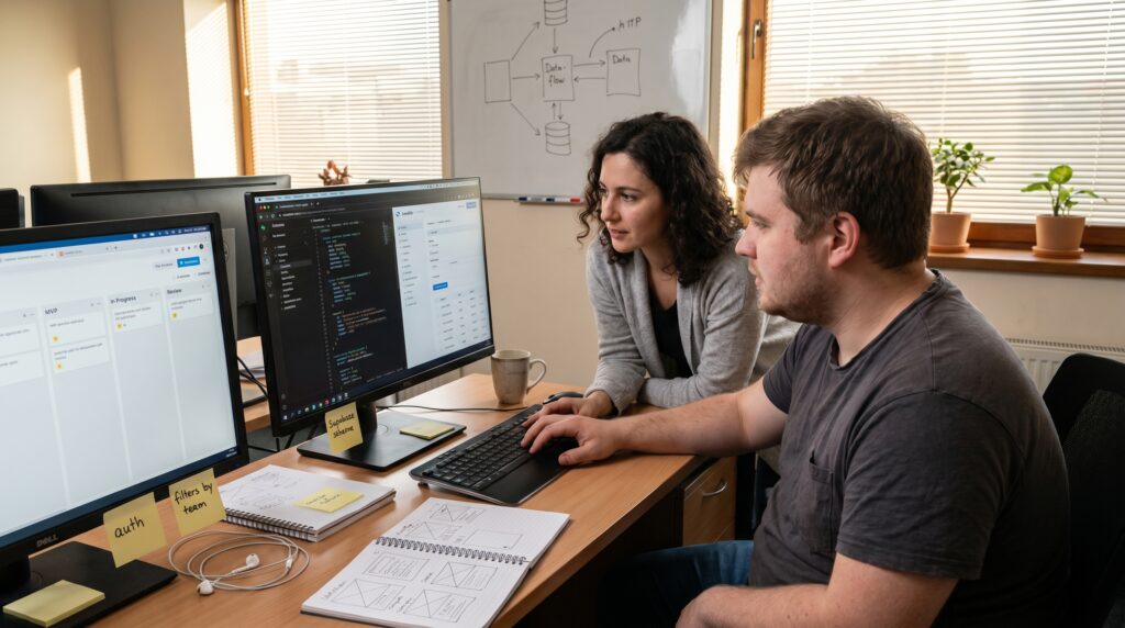 Deux développeurs collaborant sur un projet d'application web devant des ordinateurs avec des écrans affichant du code.