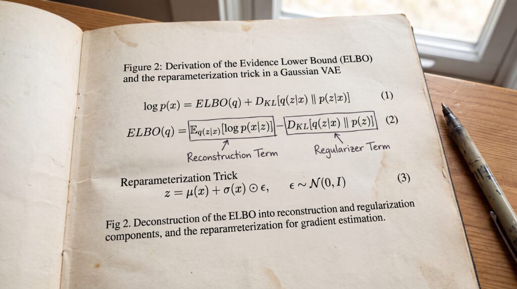 Diagramme montrant l'ELBO (Evidence Lower Bound) et sa représentation dans un VAE (Variational Autoencoder) avec des équations pertinentes.