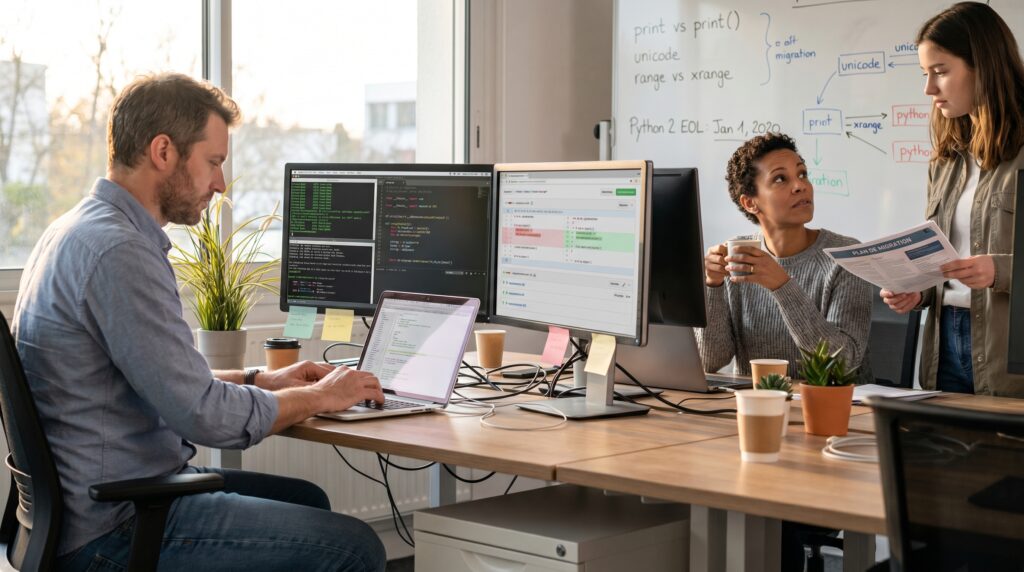Des membres d'une équipe informatique discutant des projets Python autour de bureaux avec des ordinateurs portables et des écrans de code.