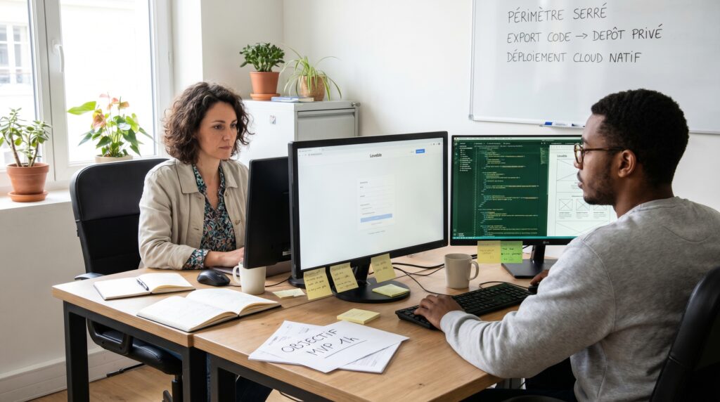 Deux personnes travaillant ensemble sur des ordinateurs pour créer une application web, avec des notes et des plantes en arrière-plan.