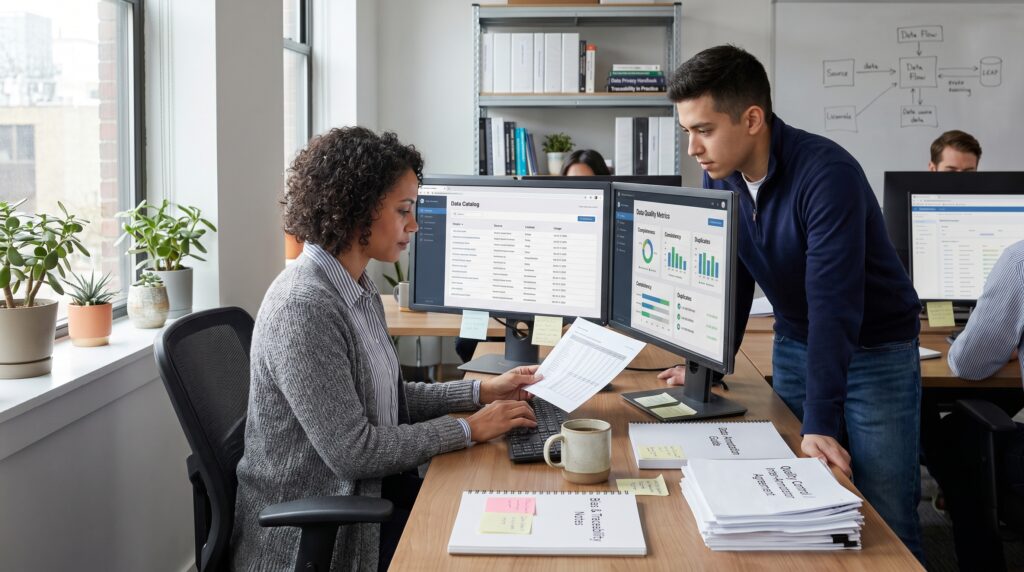 Une femme et un homme discutent au bureau tout en analysant des données sur des écrans d'ordinateur.