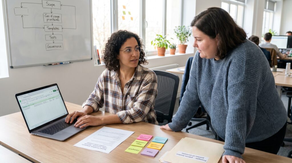 Deux femmes discutent autour d'un ordinateur portable dans un bureau, échangeant des idées sur la création d'une bibliothèque de prompts IA.