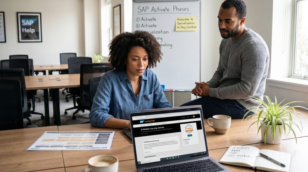 Deux personnes discutant de la préparation à la certification SAP dans un bureau, avec un ordinateur portable et des notes sur la table.