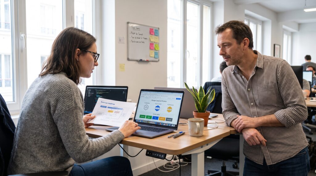 Deux collègues analysant des données sur un ordinateur portable dans un bureau moderne.