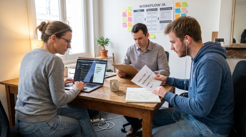 Trois personnes discutant autour d'une table, avec un ordinateur portable et des documents sur la création d'une bibliothèque de prompts IA.