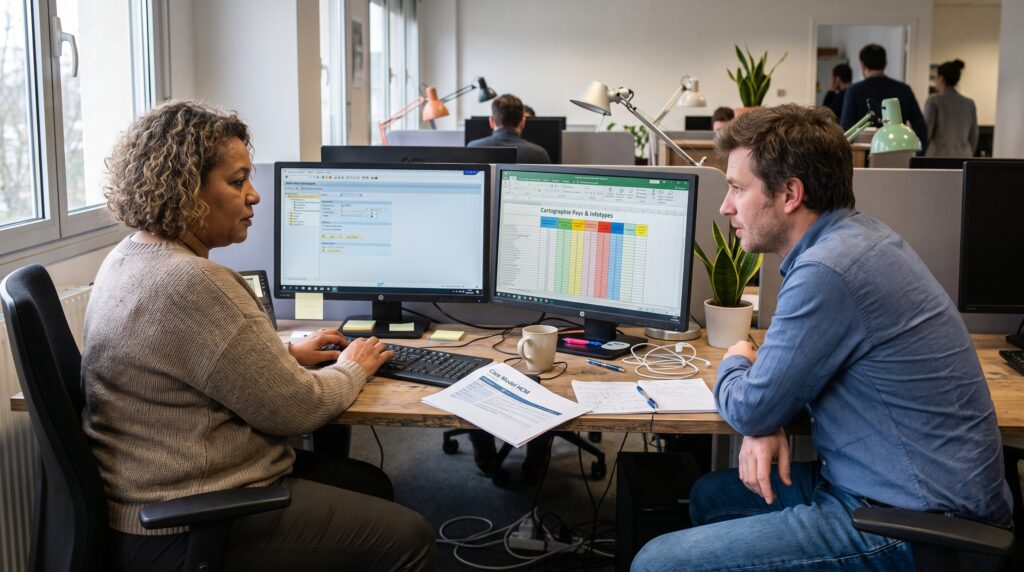 Deux collaborateurs discutant autour d'un bureau, avec des ordinateurs affichant des données sur une gestion des ressources humaines.