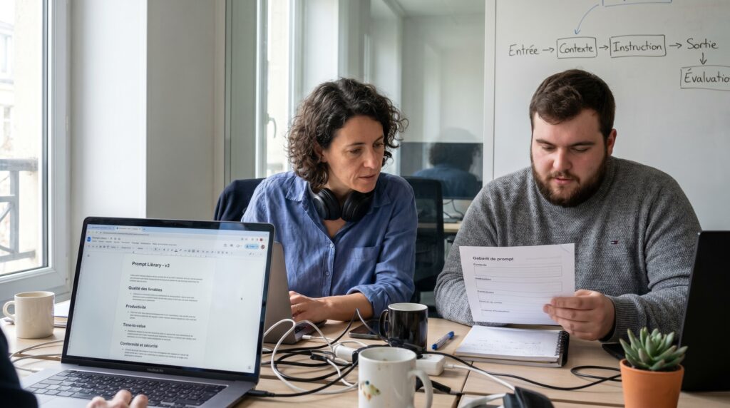 Deux collaborateurs discutant autour d'une table, avec des ordinateurs portables et des documents liés à l'intelligence artificielle.