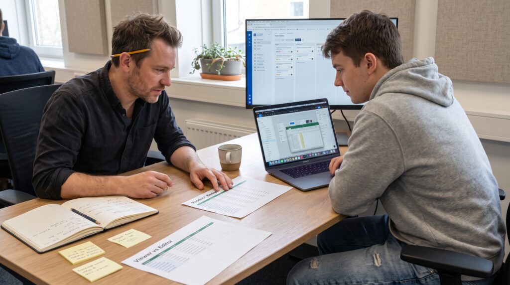 Deux personnes discutant autour d'une table de travail avec un ordinateur portable et des documents.