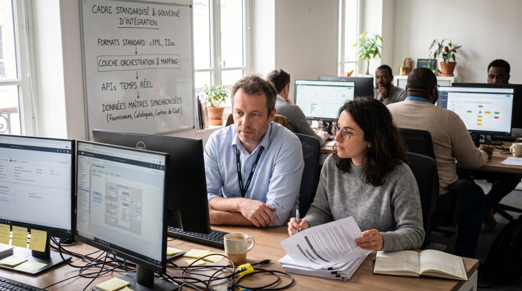 Deux collègues examinant des documents et des graphiques devant des ordinateurs dans un environnement de bureau collaboratif.
