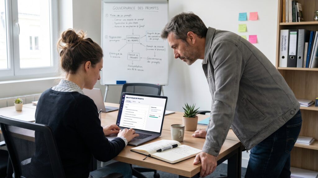 Un homme et une femme collaborent sur un ordinateur portable dans un bureau, examinant des informations sur un projet.