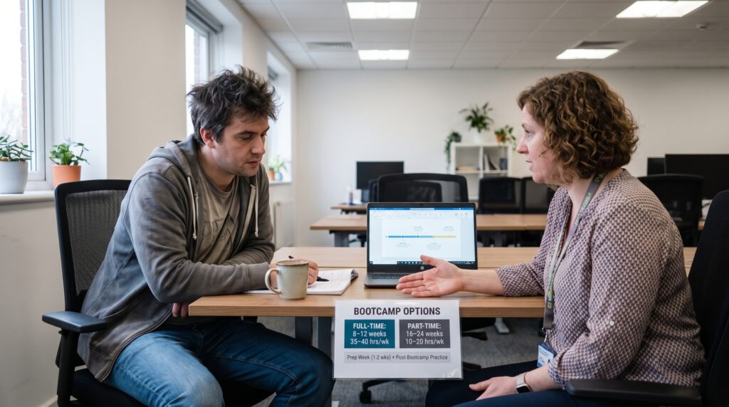 Deux personnes en train de discuter autour d'une table, avec un ordinateur portable et un document concernant les options de formation en bootcamp.