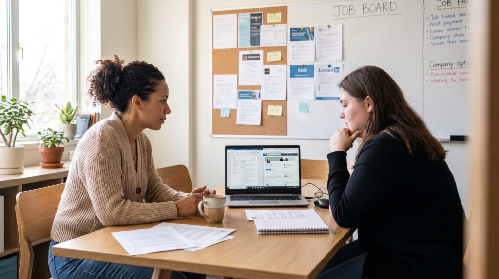Deux femmes discutant autour d'une table, avec un ordinateur portable et des documents liés à une formation.