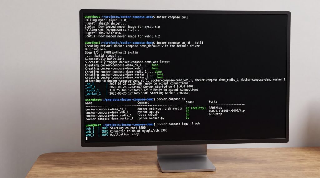 Écran affichant une interface de ligne de commande Docker Compose avec des commandes exécutées.