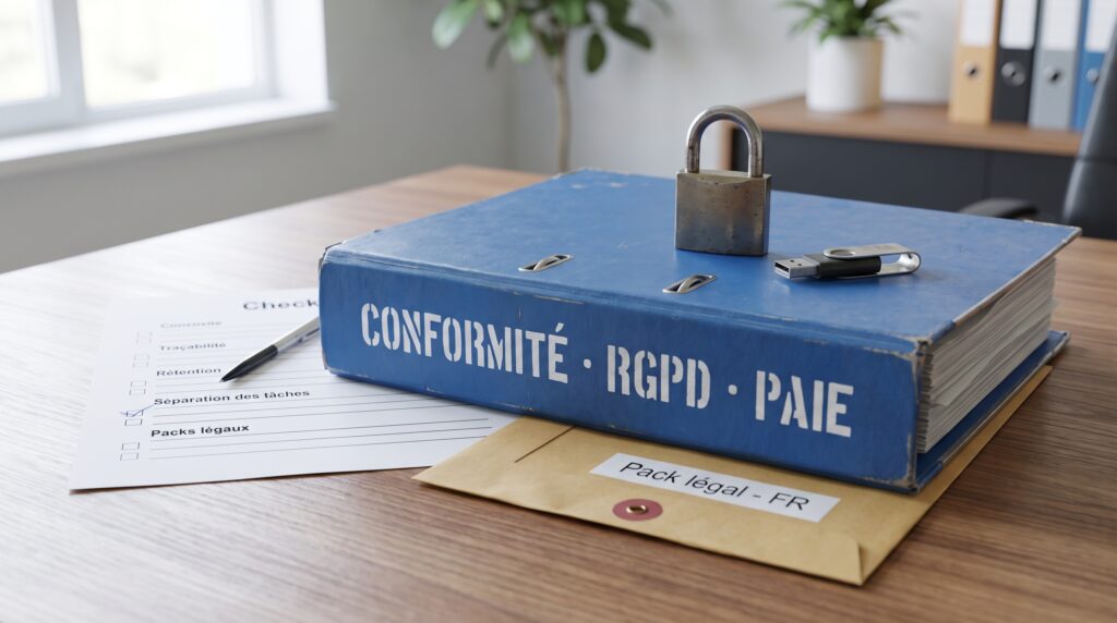 Dossier bleu marqué 'CONFORMITÉ RGPD PAIE' posé sur un bureau, accompagné de documents et d'une enveloppe.