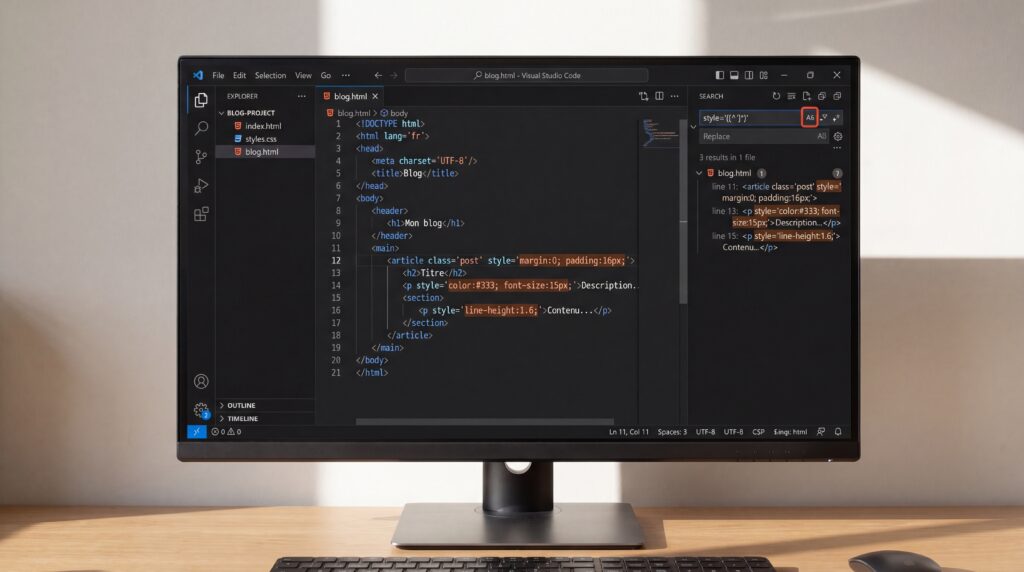 Écran d'un ordinateur affichant un code de programmation avec des expressions régulières en surbrillance.