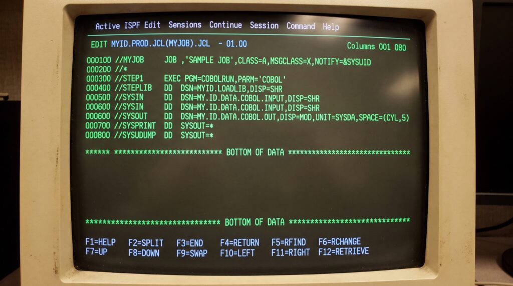 Écran d'un moniteur affichant du code COBOL avec des instructions et des données.