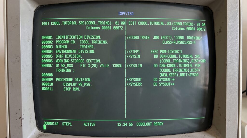 Écran d'ordinateur affichant des commandes et des options en rapport avec la programmation en COBOL.