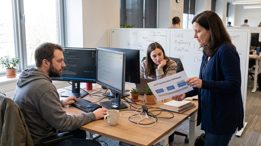 Des membres d'une équipe travaillant ensemble dans un bureau, avec un ordinateur et des documents sur la table.