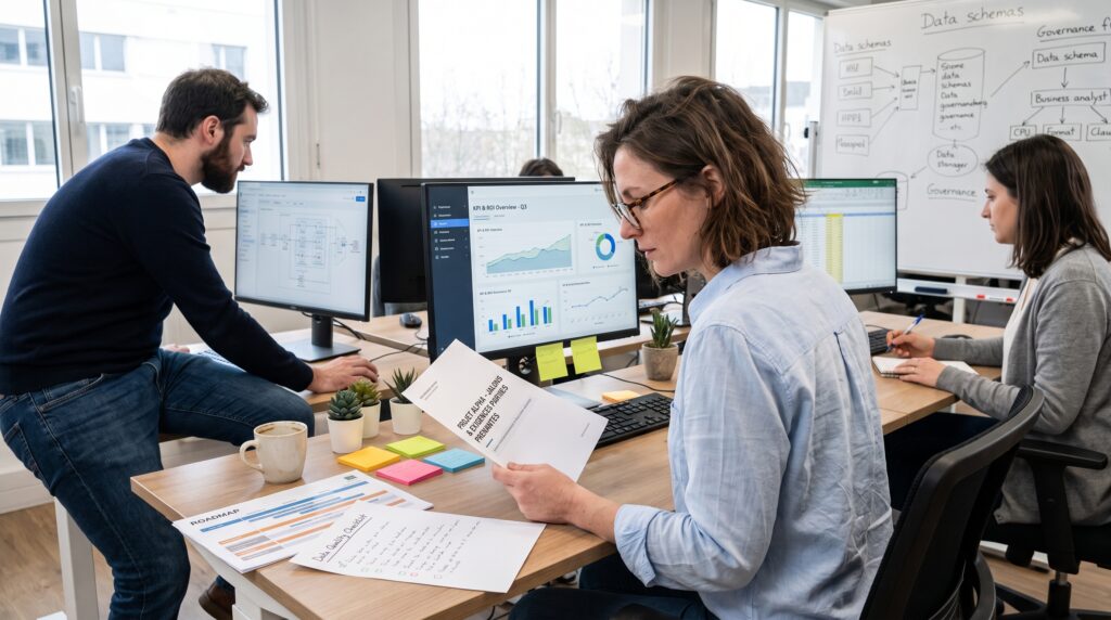 Une équipe travaillant sur un projet data dans un bureau, avec des graphiques et des documents sur les tables.