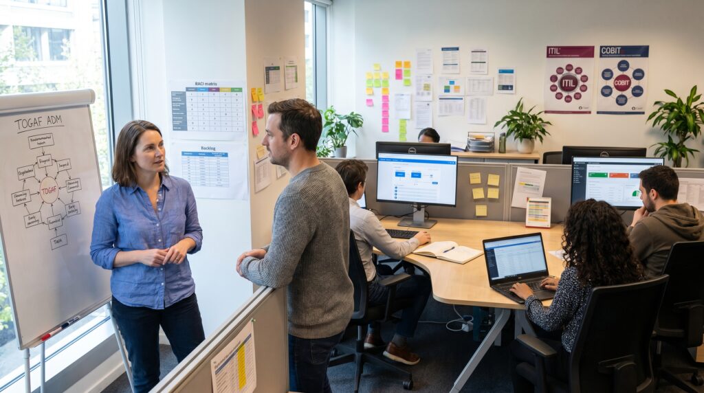 Discussion entre deux collègues dans un bureau moderne, avec des ordinateurs et des documents sur un tableau, illustrant un environnement de travail collaboratif.