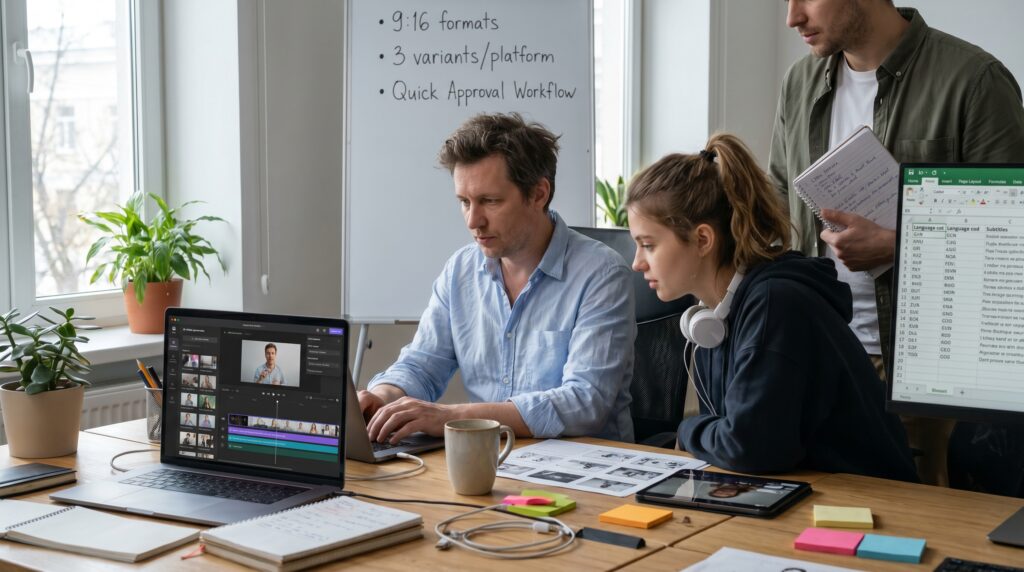 Deux personnes collaborant autour d'un ordinateur dans un bureau, avec des documents et des post-it sur la table.