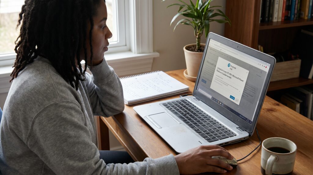 Une personne assise à un bureau, examinant une certification Microsoft sur son ordinateur portable.