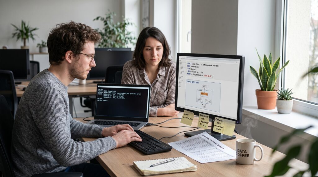 Deux étudiants analysant des données sur des ordinateurs portables, avec des graphiques et du code sur l'écran, dans un bureau lumineux.