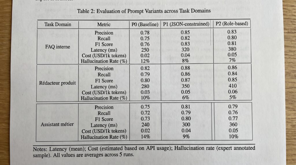 Tableau évaluant les variantes de prompt selon différents domaines de tâche dans le contexte des métiers de l'intelligence artificielle.