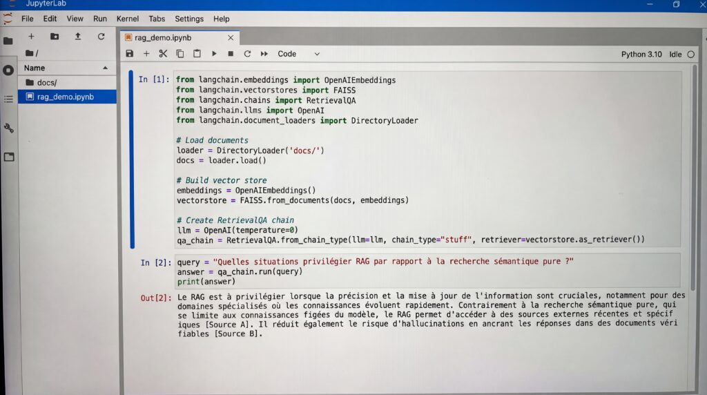 Capture d'écran d'un environnement de programmation montrant un code exemple lié à l'intelligence artificielle générative.