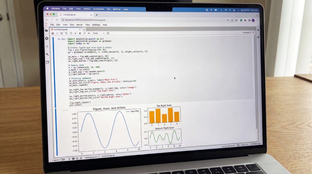 Écran d'ordinateur affichant un code Python avec des graphiques générés par Matplotlib.