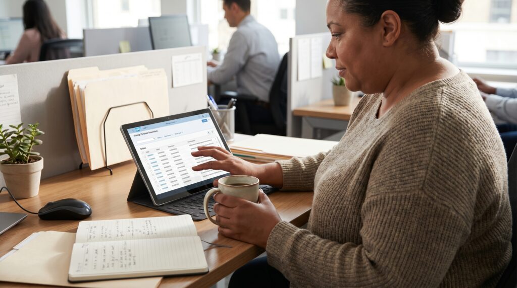Une femme travaillant à un bureau, utilisant une tablette pour analyser des données, avec une tasse dans sa main.