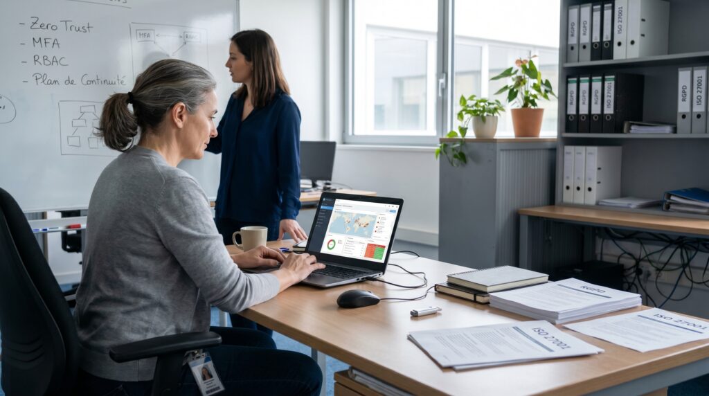 Deux femmes en réunion de travail dans un bureau, l'une utilisant un ordinateur portable et l'autre observant un tableau blanc.