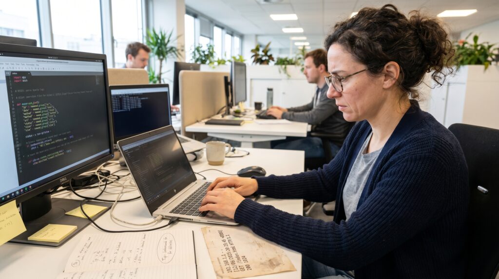 Femme concentrée sur son ordinateur portable, codant au bureau avec des écrans à côté d'elle.