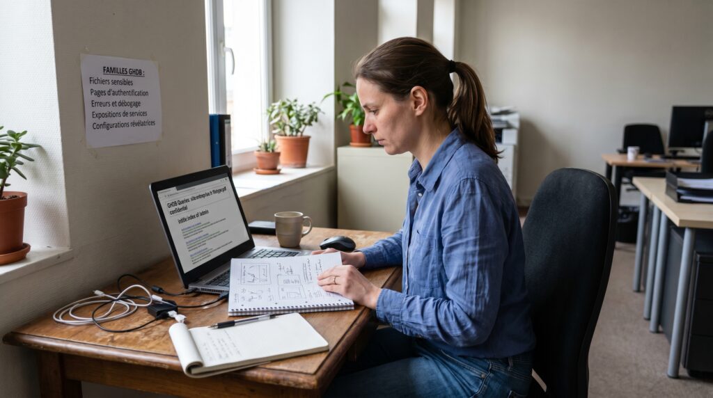Une femme assise à un bureau, travaillant sur un ordinateur portable tout en consultant des notes et un carnet.