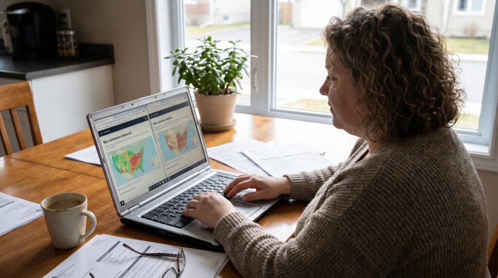 Femme utilisant un ordinateur portable à table, analysant des cartes de données.