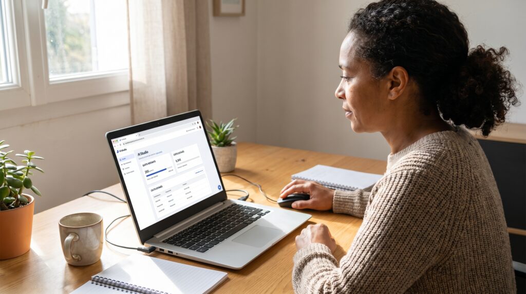 Femme assise à une table, utilisant un ordinateur portable pour analyser des données sur un graphique.