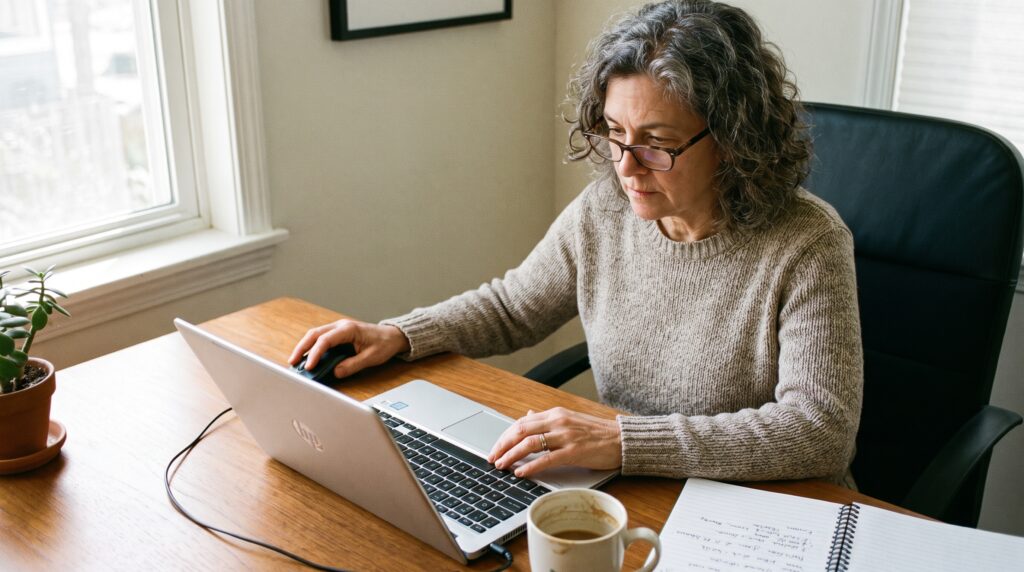 Femme d'âge moyen en train de travailler sur un ordinateur portable, concentrée sur son projet, avec une tasse de café à côté de son bureau.