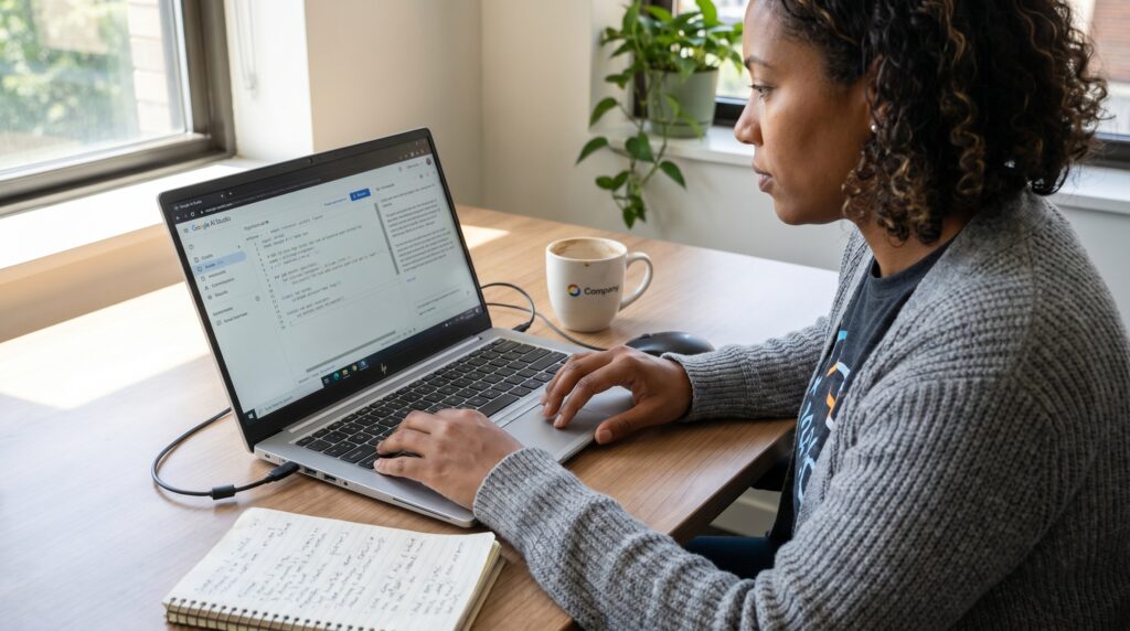 Femme utilisant un ordinateur portable pour explorer Google AI Studio avec une tasse de café à côté d'elle.