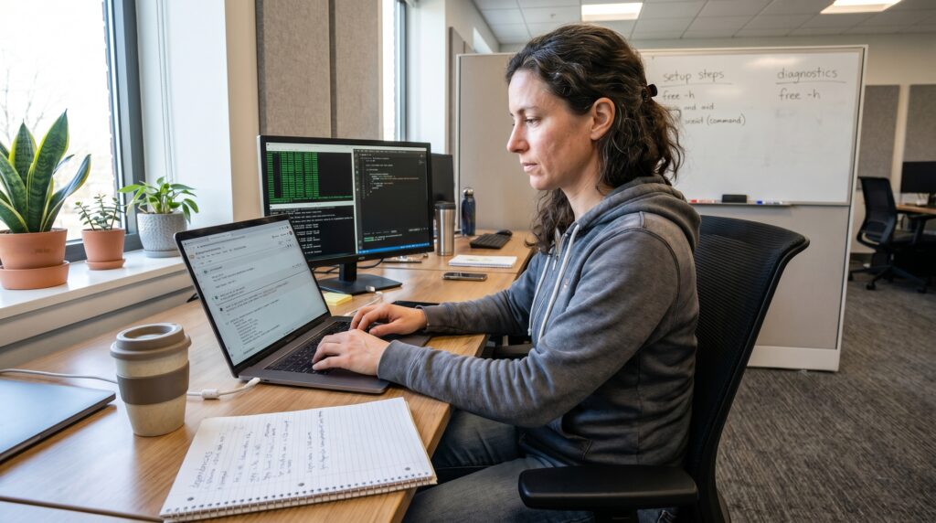 Femme travaillant sur un ordinateur portable dans un espace de coworking avec plusieurs écrans autour d'elle.