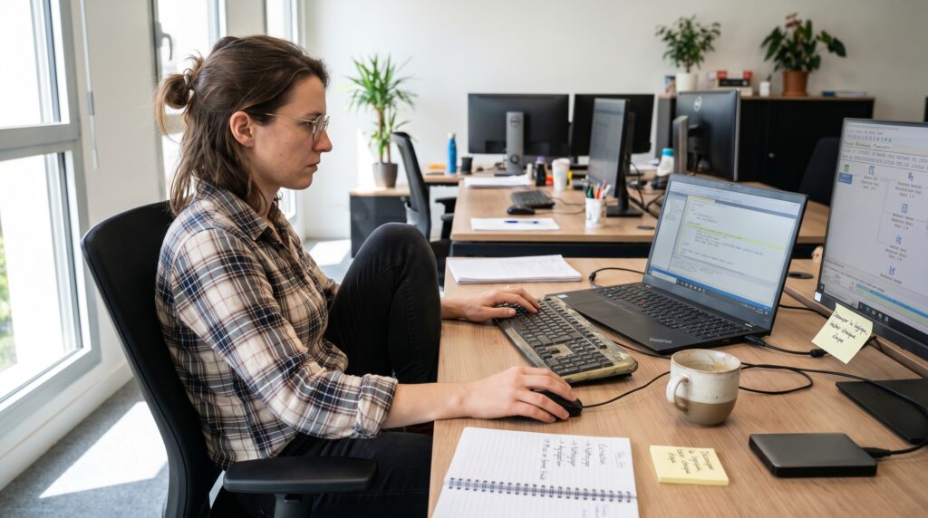 Femme concentrée travaillant sur un ordinateur dans un bureau, entourée de matériel de travail et de plantes.