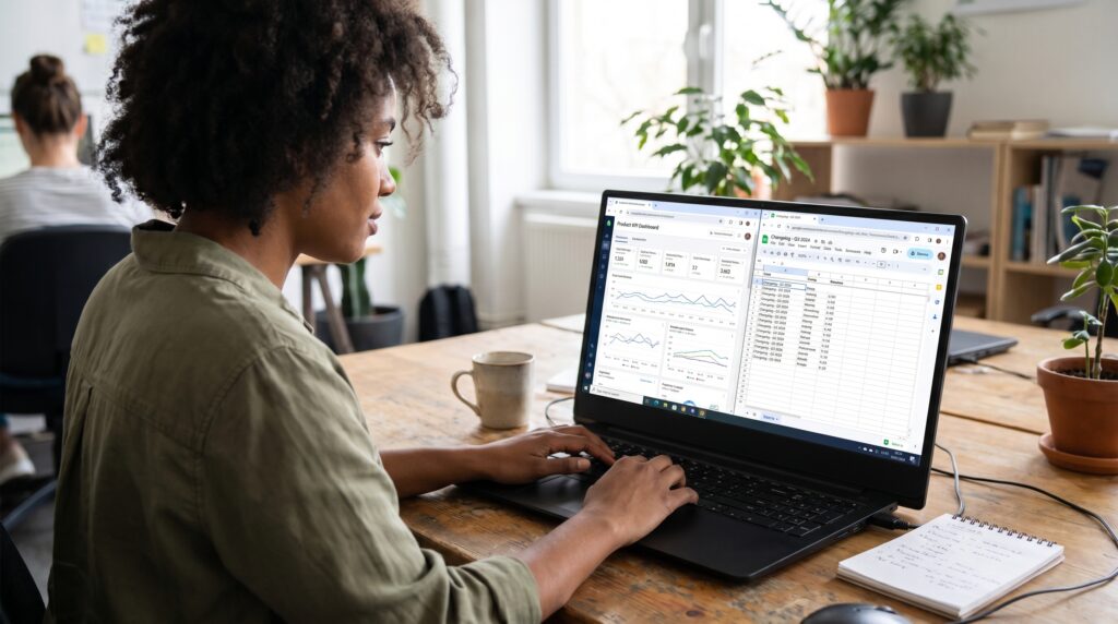 Femme utilisant un ordinateur portable pour travailler sur une bibliothèque de prompts IA dans un environnement de bureau.